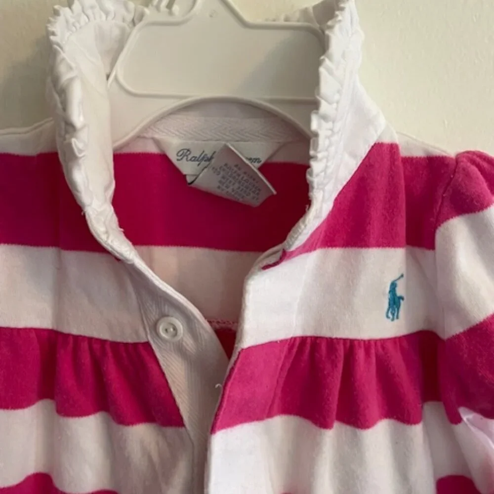 RALPH LAUREN Coverall Romper Long Sleeve Pink White Stripe 9 Mos